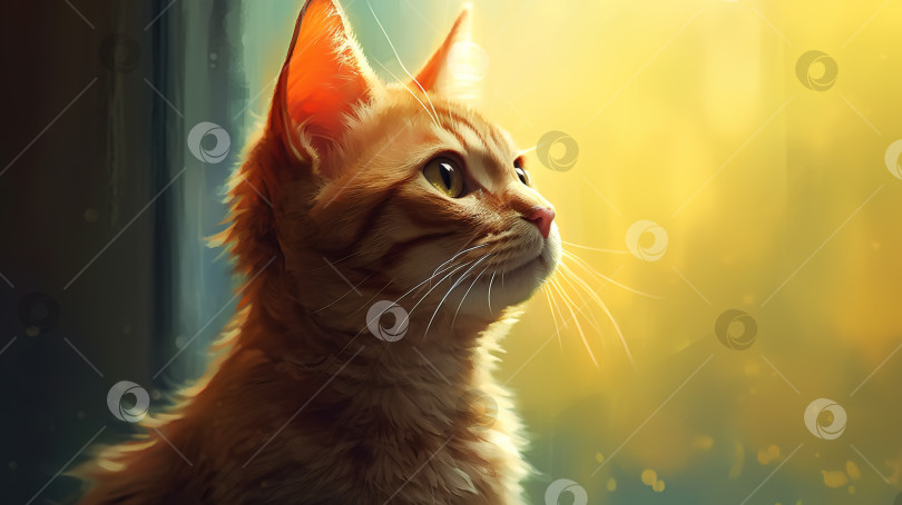 Скачать Портрет сбоку, рыжий кот, смотрящий в сторону, иллюстрация животного фотосток Ozero