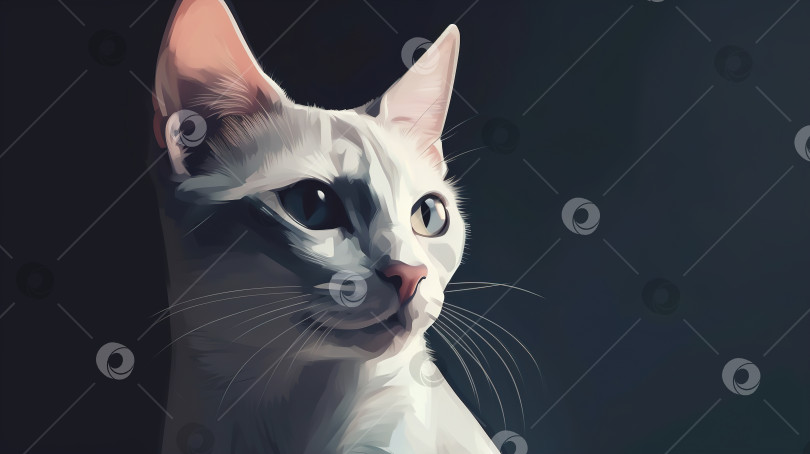 Скачать Портрет странной белой кошки на темном фоне, смотрящей в сторону, баннер с иллюстрацией домашнего животного с пространством для копирования фотосток Ozero