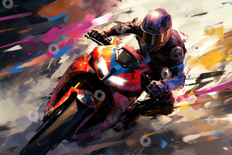 Скачать Иллюстрация гонщика-мотоциклиста. Водитель в шлеме быстро едет на спортивном велосипеде фотосток Ozero