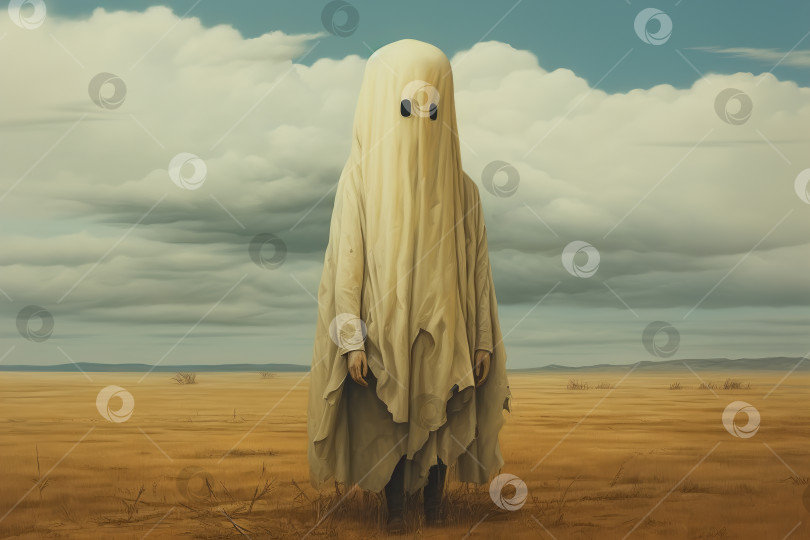 Скачать Сюрреалистическая иллюстрация ужаса: одинокий безликий человек в маске из простыни, стоящий в степи фотосток Ozero