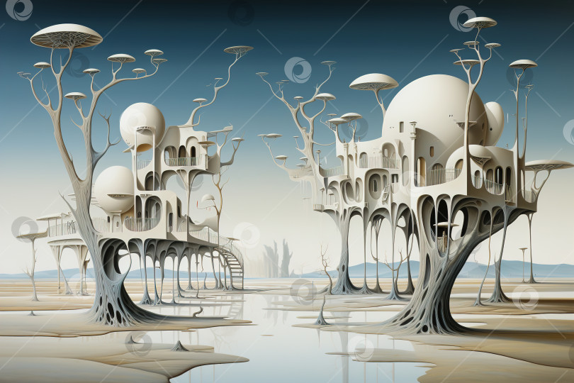 Скачать Иллюстрация мирового сюрреализма, дома на сухих деревьях в пустыне фотосток Ozero