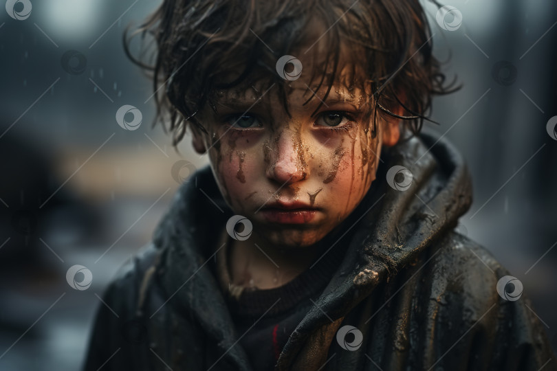 Скачать Портрет грустного грязного ребенка в мокрой одежде, смотрящего в камеру, маленького бедного мальчика на улице. Социальные проблемы фотосток Ozero