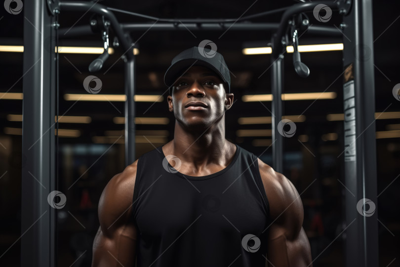Скачать Мускулистый уверенный в себе афроамериканский спортсмен в тренажерном зале, портрет чернокожего мужчины-спортсмена с подтянутой талией фитнес-модели фотосток Ozero