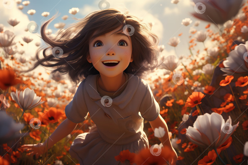 Скачать Счастливая азиатская девочка, бегущая по цветочному полю, иллюстрация беззаботного детства фотосток Ozero