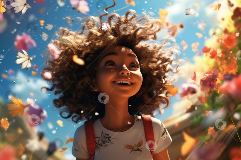 Скачать Веселая радостная афроамериканка на красочном поле цветов в солнечный день, счастливая афроамериканка-школьница на открытом воздухе. Иллюстрация беззаботного детства, широкоугольный фотосток Ozero