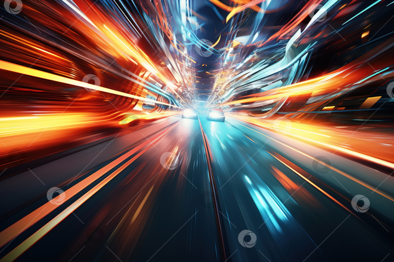 Скачать Ночные гонки на быстро движущихся автомобилях в туннеле, размытое изображение в движении. Футуристическая иллюстрация фотосток Ozero