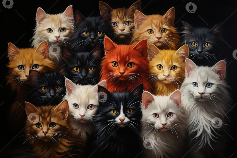 Скачать Группа пушистых красивых разноцветных кошек, портрет животного фотосток Ozero