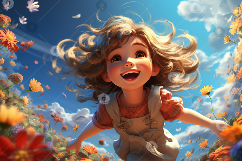 Скачать Радостный ребенок, бегущий по цветочному лугу в солнечный день, счастливая жизнерадостная девочка, играющая на открытом воздухе, иллюстрация беззаботного детства в широком ракурсе фотосток Ozero