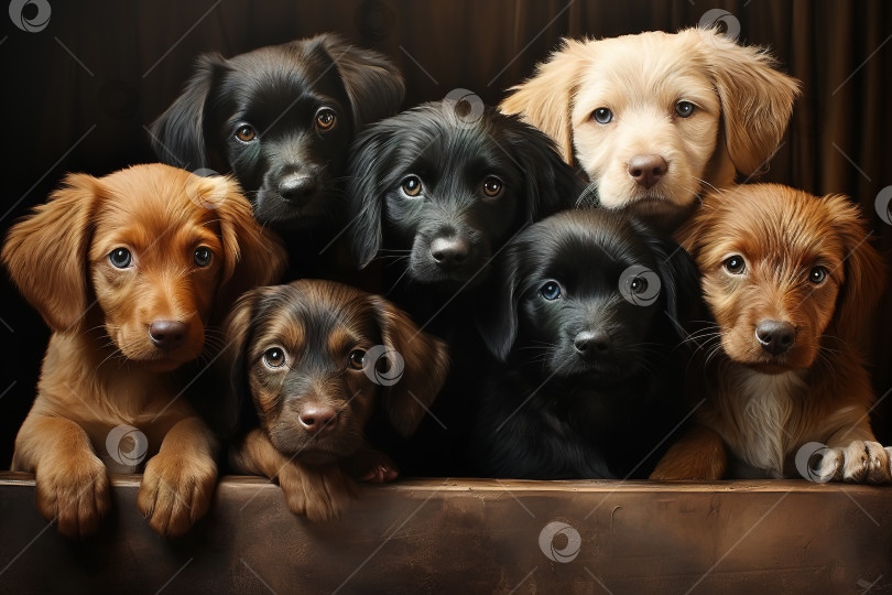 Скачать Группа красивых разноцветных щенков, портрет животных-собак фотосток Ozero