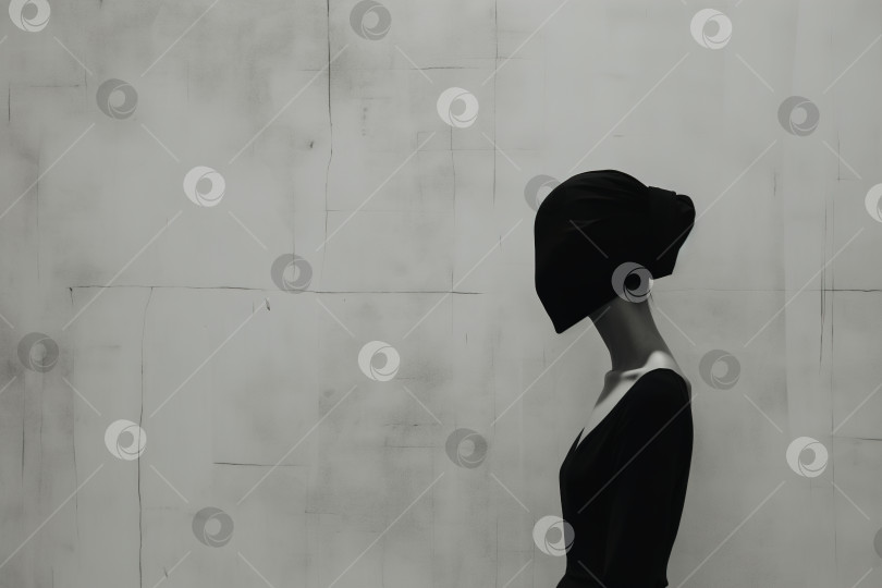 Скачать Женская психология и психическое здоровье - минималистичная абстрактная концепция. Вид сбоку на безликую женщину с черной сумкой на голове, стоящую на фоне серой стены с местом для копирования фотосток Ozero
