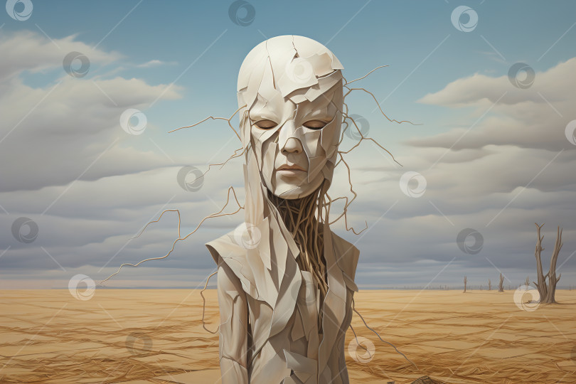 Скачать Безликая иллюстрация концептуального сюрреализма, одинокая фигура мумии с ветвями на голове в поле фотосток Ozero