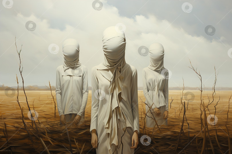 Скачать Безликая иллюстрация концептуального психологического сюрреализма: три мумии в простынях, стоящие в поле фотосток Ozero