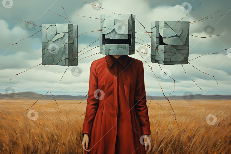 Скачать Безликий сюрреализм, женщина в красном платье с каменным кубом вместо головы, одиноко стоящая в поле фотосток Ozero