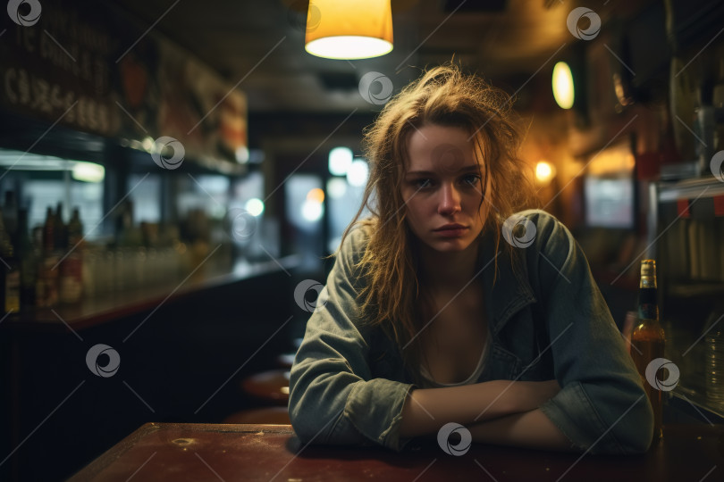 Скачать Одинокая подавленная пьяная женщина-алкоголичка сидит в баре и смотрит в камеру, женский алкоголизм фотосток Ozero