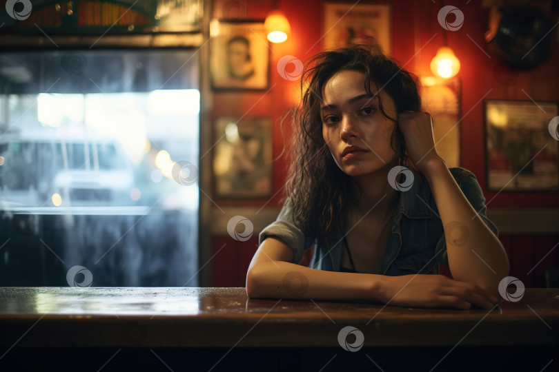 Скачать Одинокая лохматая пьяная женщина-алкоголичка сидит за барной стойкой в помещении, копирует пространство. Женский алкоголизм фотосток Ozero