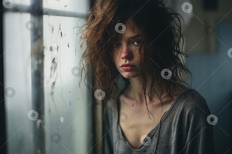 Скачать Лохматая униженная измученная молодая женщина стоит у окна одна в комнате и смотрит в камеру. Женская психология, жестокое обращение, депрессия, меланхолия, концепция психического расстройства фотосток Ozero