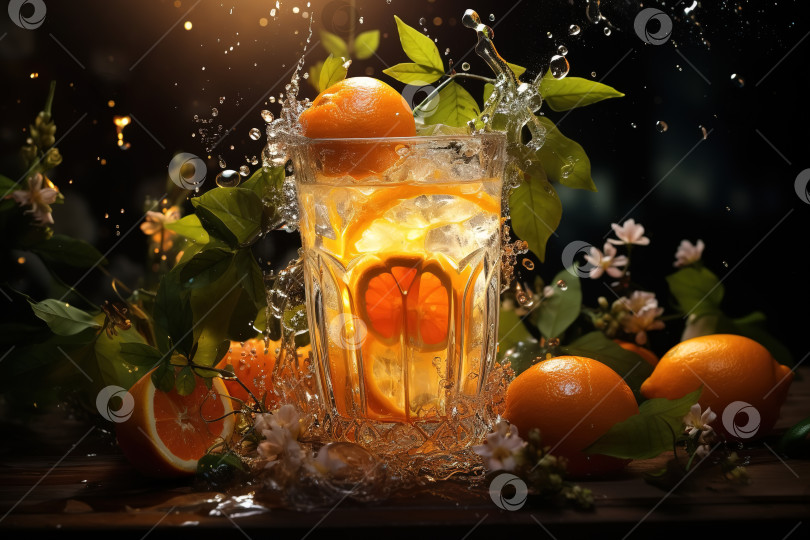 Скачать Апельсиновый освежающий фруктовый напиток в стакане, брызги воды фотосток Ozero