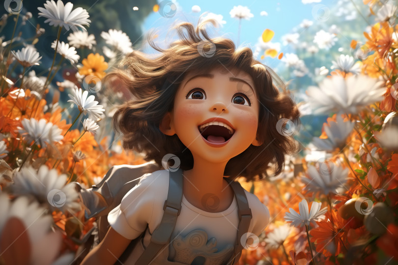 Скачать Счастливая жизнерадостная азиатская девочка, играющая на цветочном поле, радостная школьница, иллюстрация беззаботного детства фотосток Ozero