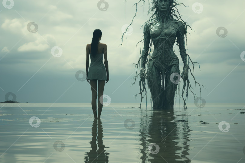 Скачать Женственность, женская психология, концептуальная иллюстрация в стиле фэнтези, вид сзади на женщину, стоящую в воде перед великим женским божеством фотосток Ozero