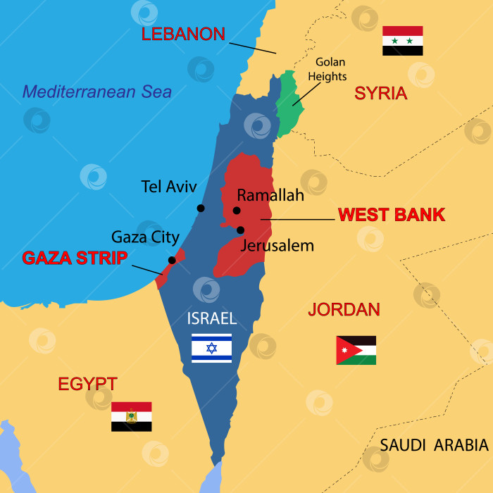 Скачать Политическая карта страны Израиль, включая Голанские высоты, Западный берег и сектор Газа. Подробная векторная иллюстрация с изолированными провинциями, департаментами, регионами, городами и штатами, которые легко сгруппировать. фотосток Ozero