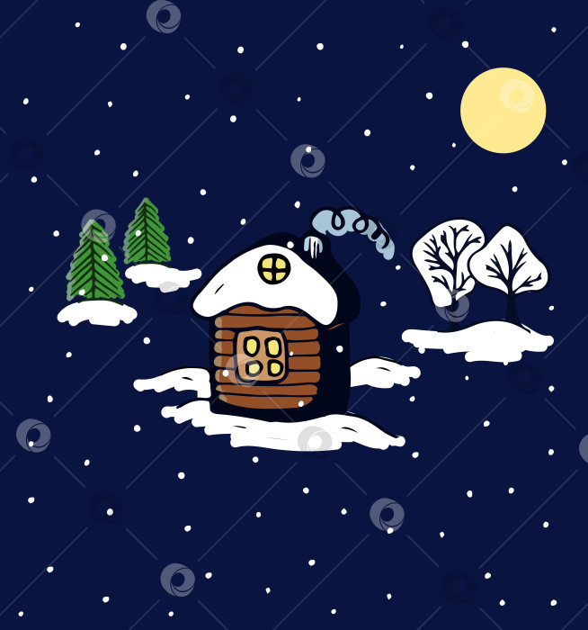 Скачать Зимняя открытка с деревенским домом и, деревьями, снежинками. Синий цвет. Векторная иллюстрация. фотосток Ozero