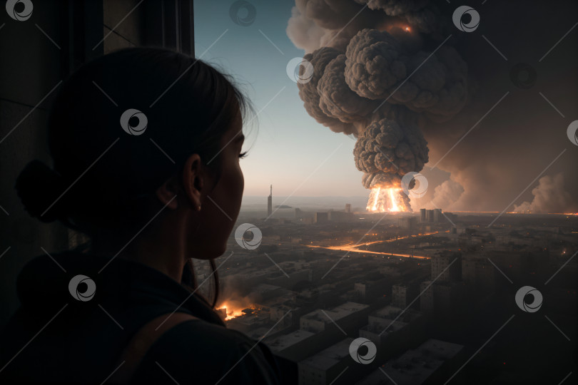 Скачать Девушка смотрит на гигантский взрыв в городе фотосток Ozero
