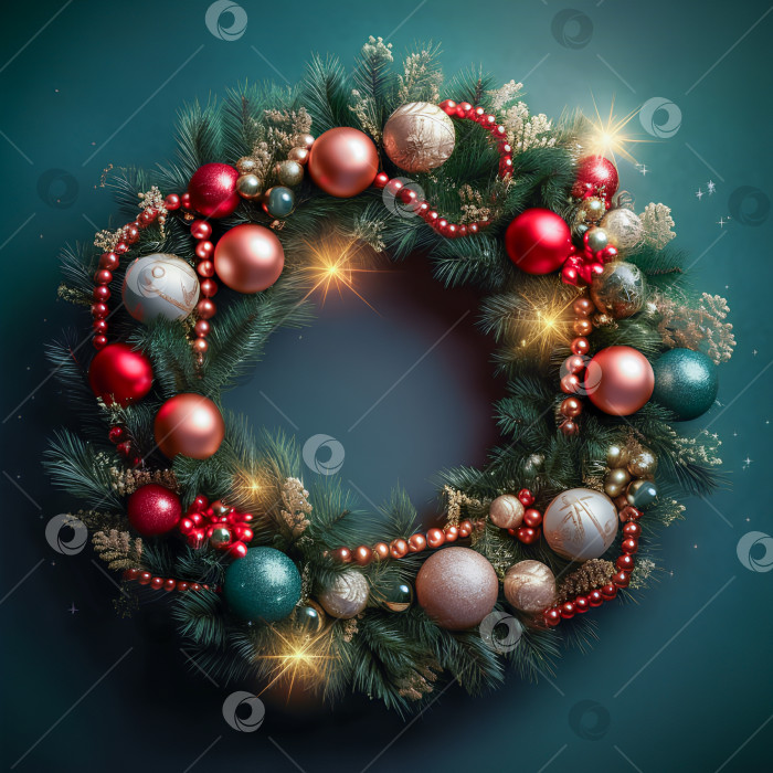 Скачать Рождественский венок из голубых еловых лап с разноцветными шариками, звездами, бусинами фотосток Ozero