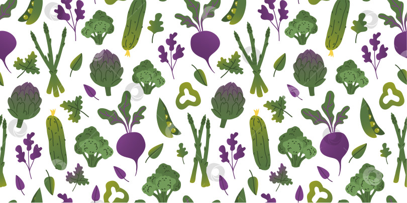 Скачать Бесшовный узор различных зелено-фиолетовых градиентных овощей и зелени в плоском векторном стиле на белом фоне. Для печати, текстиля, фона, обертки. фотосток Ozero