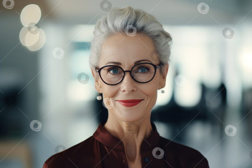 Скачать Портрет улыбающейся пожилой женщины-босса в офисе, жизнерадостной стильной бизнесвумен средних лет в очках и с седой прической, стоящей в помещении фотосток Ozero