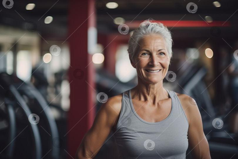 Скачать Пожилые активные люди и спортивная концепция. Портрет улыбающейся жизнерадостной женщины старшего возраста по фитнесу в тренажерном зале, счастливая тренировка зрелой кавказской спортсменки фотосток Ozero