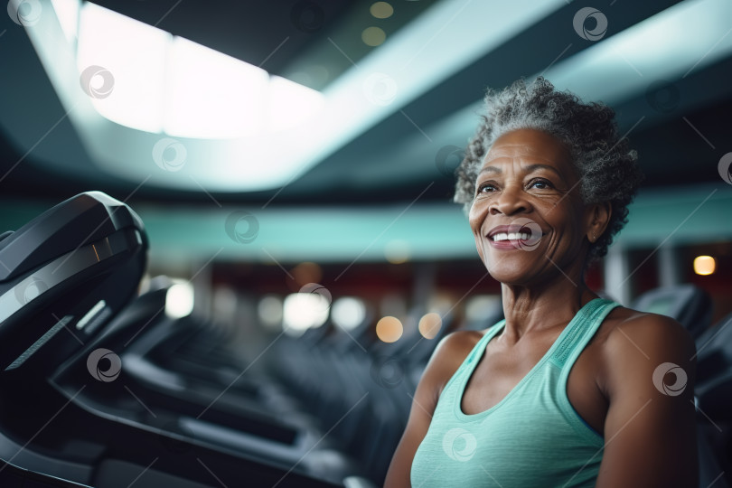 Скачать Жизнерадостная афроамериканка спортивного телосложения средних лет в тренажерном зале, активная зрелая женщина занимается фитнесом на беговой дорожке. Пожилые люди и спорт, скопируйте космический баннер фотосток Ozero