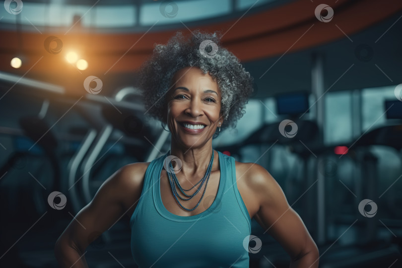 Скачать Портрет активной улыбающейся афроамериканки средних лет, занимающейся фитнесом в тренажерном зале, жизнерадостная зрелая спортсменка на тренировке фотосток Ozero