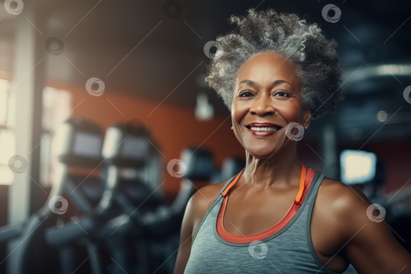 Скачать Пожилые люди и спортсмены, скопируйте космический баннер. Активная улыбчивая афроамериканка средних лет спортивного телосложения в тренажерном зале, жизнерадостная зрелая женщина на фитнес-тренировке фотосток Ozero