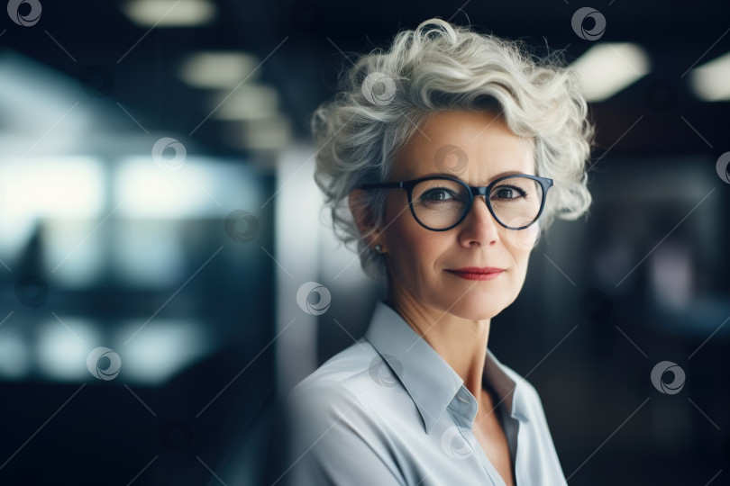 Скачать Портрет стильной уверенной в себе бизнес-леди средних лет, начальницы в рубашке и очках, стоящей в офисе, кавказской пожилой леди-бизнесвумен с седой прической в помещении с копировальным пространством фотосток Ozero