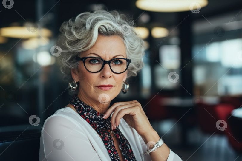 Скачать Успешная элегантная зрелая женщина средних лет, менеджер или владелица бизнеса внутри кафе или ресторана, смотрит в камеру. Активные и успешные пожилые люди фотосток Ozero