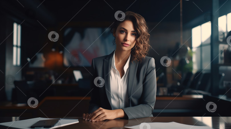 Скачать Молодая офисная работница в костюме сидит за письменным столом на рабочем месте и смотрит в камеру фотосток Ozero