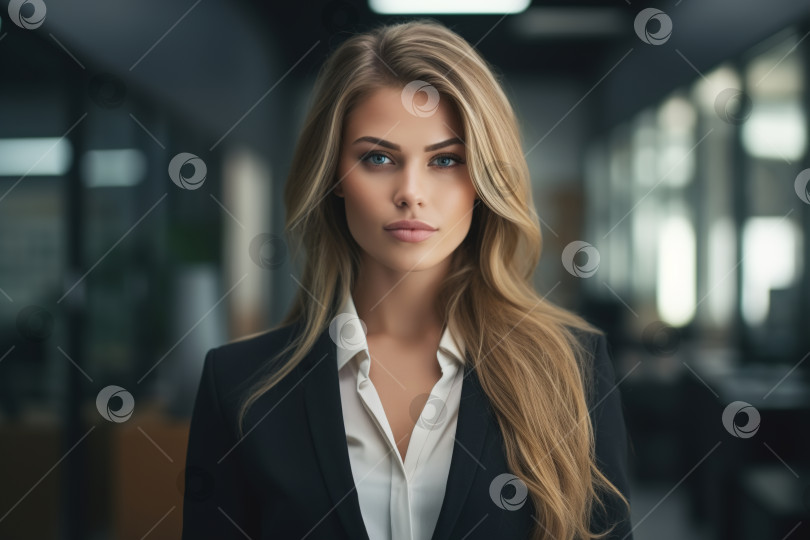 Скачать Деловой портрет стильной уверенной в себе молодой бизнесвумен в костюме в офисе и смотрящей в камеру, красивая кавказская женщина-менеджер или босс в помещении фотосток Ozero
