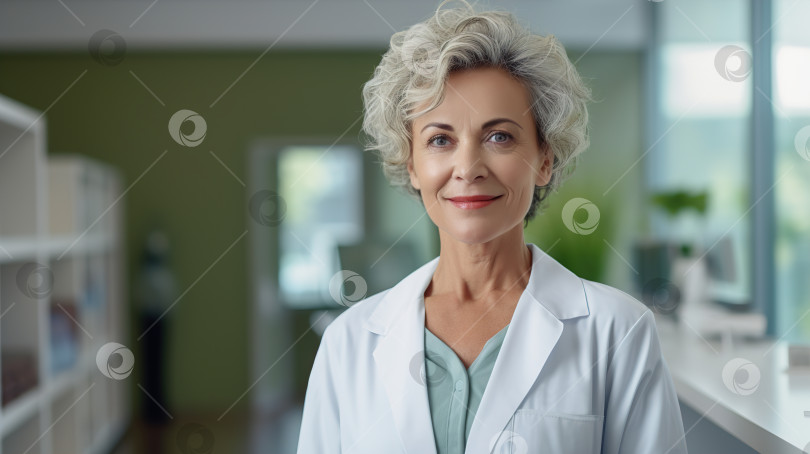 Скачать Портрет симпатичной улыбающейся пожилой женщины-врача в белом лабораторном халате, стоящей в больнице и смотрящей в камеру, скопируйте пространство. Баннер "Здравоохранение и медицина" фотосток Ozero