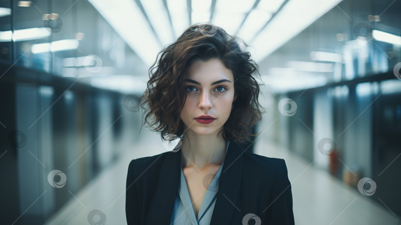 Скачать Элегантная стильная молодая деловая женщина в костюме с короткой стрижкой стоит в коридоре офиса и смотрит в камеру фотосток Ozero