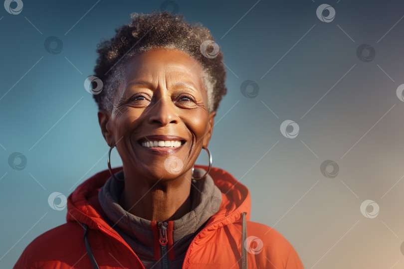 Скачать Портрет счастливой жизнерадостной пожилой женщины-афроамериканки в осенней одежде на открытом воздухе, копировальное пространство. Пожилые люди и активный образ жизни, хорошее самочувствие фотосток Ozero