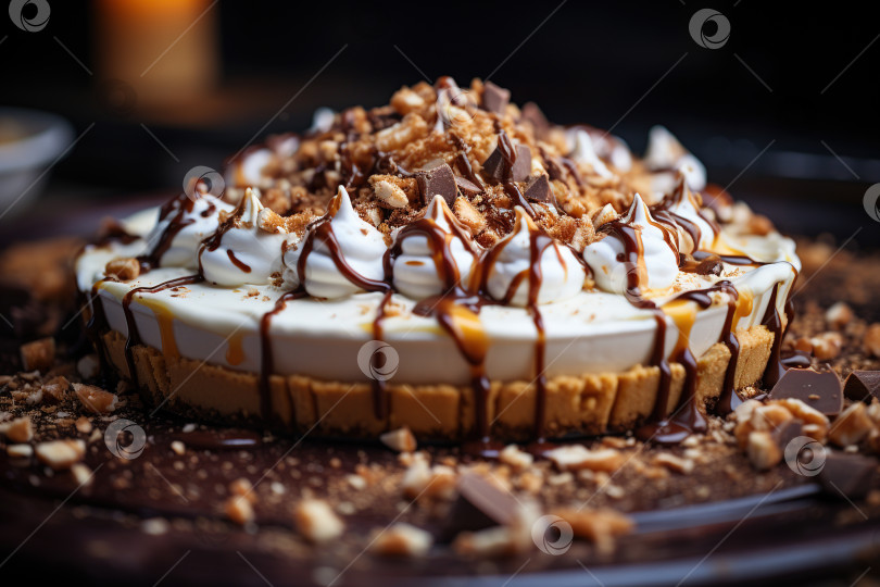 Скачать Крупным планом сладкий десертный пирог со сливками и шоколадной крошкой на столе фотосток Ozero