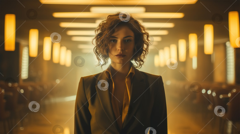Скачать Одинокая деловая женщина в костюме стоит одна в коридоре с желтым освещением и смотрит в камеру фотосток Ozero