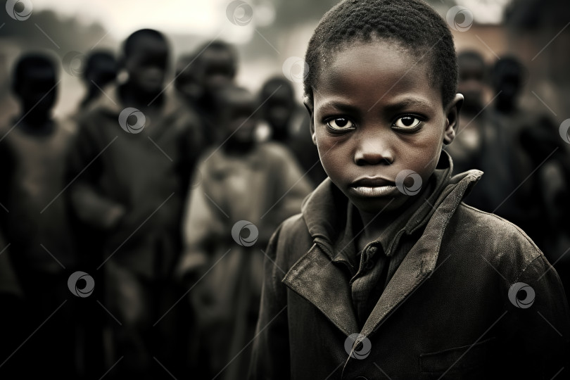 Скачать Толпа голодных бедных африканских детей, грустный грязный маленький мальчик, смотрящий в камеру на открытом воздухе. Социальный вопрос, глобальная проблема бедности и голода фотосток Ozero