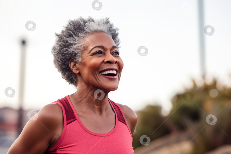 Скачать Счастливая афроамериканка средних лет, активная женщина, тренирующаяся на открытом воздухе, старшая бегунья трусцой. Бегущий улыбающийся афро-пенсионер фотосток Ozero