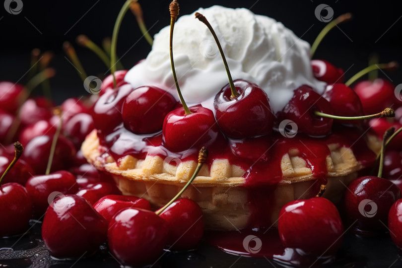 Скачать Крупным планом десертный торт со сливками, вишнями и сиропом на столе фотосток Ozero