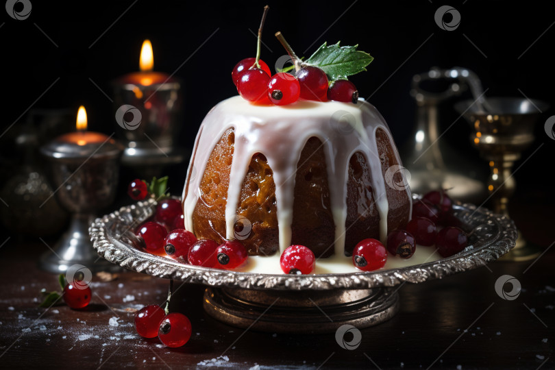 Скачать Рождественский пудинг на столе, крупный план вкусного сладкого десерта с клюквой на тарелке фотосток Ozero