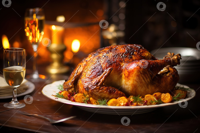 Скачать Праздник благодарения, традиционное блюдо - жареная индейка на тарелке на сервированном праздничном столе вечером фотосток Ozero