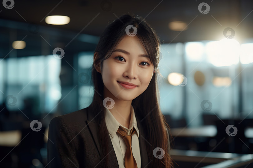 Скачать Портрет улыбающейся симпатичной азиатской бизнесвумен в костюме в офисе, уверенной в себе позитивной молодой женщины-менеджера, работающей в помещении, смотрящей в камеру. Концепция бизнеса и карьеры фотосток Ozero