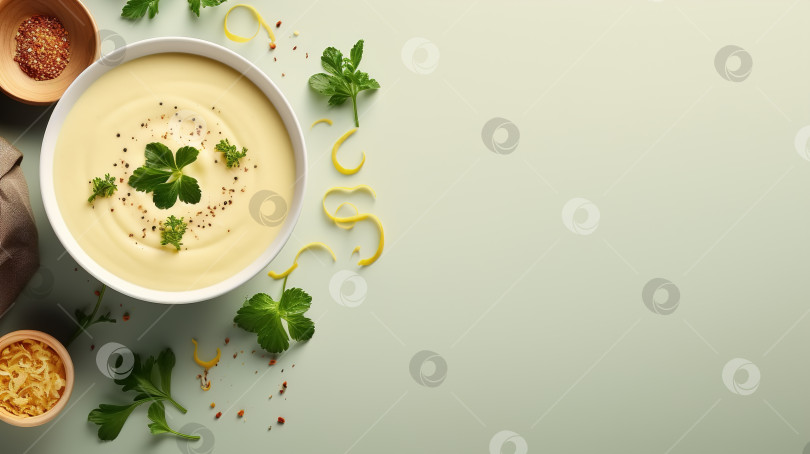 Скачать Сырный крем-суп в миске с зеленью и специями, баннер с видом сверху и местом для копирования фотосток Ozero