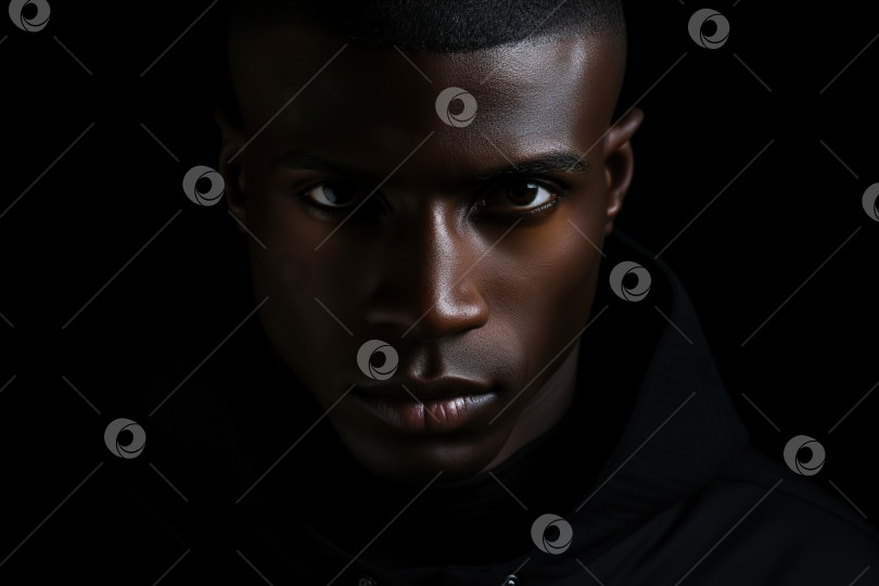Скачать Снимок головы хмурого афроамериканца, красивого мужчины, уверенной в себе модели в черной толстовке с капюшоном, смотрящего в камеру фотосток Ozero